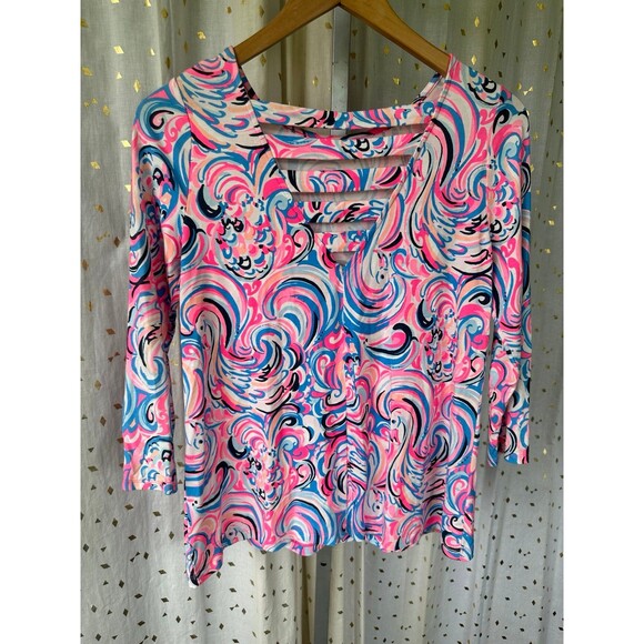 Lilly Pulitzer NWOT Ophelia FLAMINGOALS Raz Berry Swirly Quarter Sleeves Top S - Picture 6 of 9